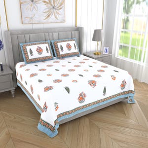 Hand Block Print Queen Bedsheet 100x108 Inches with 2 Pillow Covers 18x28 Inch | Orange Floral Cotton Bedding | Indian Boho Bedsheet Set