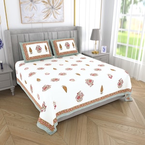 Hand Block Print Queen Bedsheet 100x108 Inches with 2 Pillow Covers | Red Floral Cotton Bedding Set | Indian Block Print