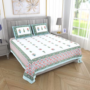Hand Block Printed Queen Size Bedsheet | 100% Pure Cotton 100x108 Inch with 2 Pillow Covers 18x28 | Floral Boho Bedspread