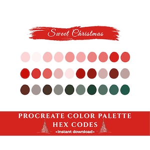 Könnte beinhalten: Eine Procreate-Farbpalette mit dem Text "Sweet Christmas" und "Procreate Color Palette Hex Codes". Die Palette zeigt Reihen von rosa, roten, braunen und grünen Farbfeldern. Das untere Banner ist rot mit einer Weihnachtsgrafik.