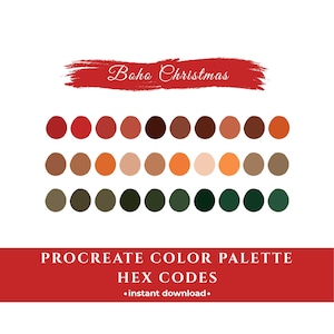 Pode incluir: Uma paleta de cores com o texto "Boho Christmas" em uma faixa vermelha. A paleta apresenta 28 amostras de cores ovais em tons de vermelho, marrom, laranja e verde. Abaixo, o texto diz "Procreate Color Palette Hex Codes - instant download."