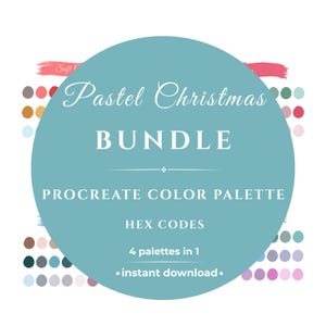 Pode incluir: Imagem de produto digital com um círculo turquesa exibindo "Pastel Christmas BUNDLE" e "PROCREATE COLOR PALETTE". Inclui paletas de cores e códigos hexadecimais, com o texto "4 paletas em 1" e "download instantâneo."