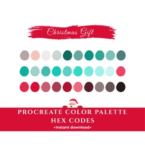 Pode incluir: Uma paleta de cores digital Procreate com tema natalino. A imagem apresenta uma faixa vermelha com o texto "Christmas Gift" e uma coleção de amostras de cores em vários tons de verde, verde-azulado, rosa e cinza. A faixa inferior diz "PROCREATE COLOR PALETTE HEX CODES • instant download •".