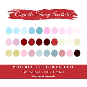 May include: A digital Procreate colour palette featuring 30 colours in various shades, including blues, pinks, reds, and greens. The palette is labelled "Coquette Cherry Aesthetic" and includes the text "Procreate Color Palette" and "instant download."