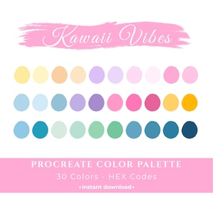 May include: A Procreate colour palette featuring 30 colours in pastel shades, including pinks, blues, yellows, and greens. The text "Kawaii Vibes" is written in cursive above the colour swatches. The text "Procreate Color Palette" is below.