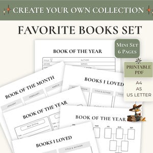 May include: A set of six printable PDF pages for tracking favorite books, featuring headers like Book of the Year, Book of the Month, and Books I Loved. The pages include fields for titles, authors, and ratings, with a small cartoon duck illustration.