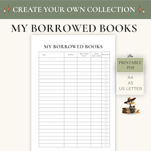 May include: A white printable document titled MY BORROWED BOOKS featuring a table with columns for Title, Author, Borrowed From, Date Borrowed, and Returned. A small tag indicates Printable PDF in A4, A5, and US Letter sizes with a duck illustration.