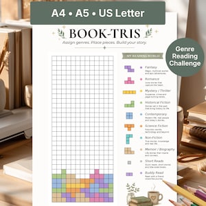May include: A white printable reading challenge sheet titled BOOK-TRIS with a grid for filling in colored blocks representing book genres. The sheet includes a legend for categories like Fantasy, Romance, and Mystery, with text reading Your story, one book at a time.