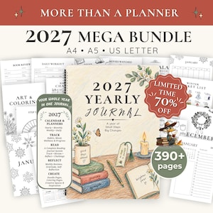 May include: A 2027 yearly journal mega bundle featuring A4, A5, and US letter sizes. The cover displays a desk with books, a mug, a candle, and a pen. Text includes 2027 Yearly Journal, A Year of Small Steps Big Changes, and 390+ pages.