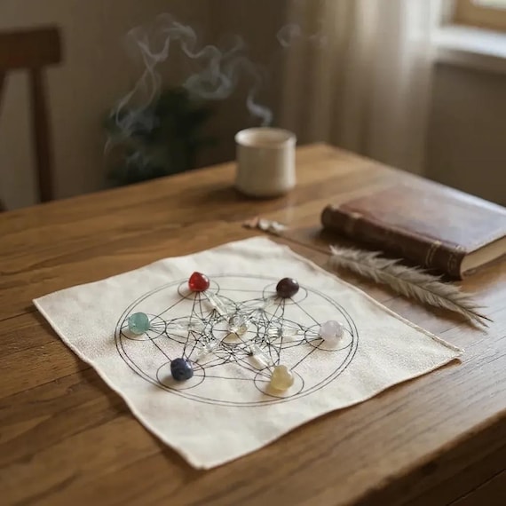 7 Chakra Crystal Grid Kit with Natural Stones, Sacred Geometry Altar Cloth & Activation Wand – Metatron’s Cube or Flower of Life