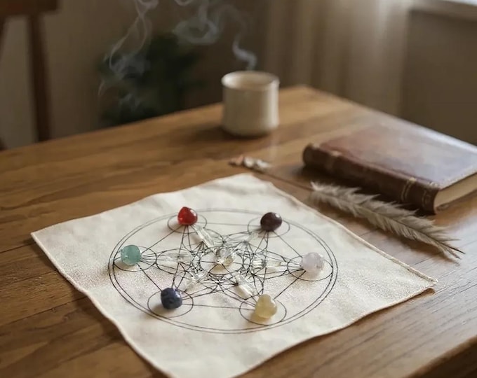 7 Chakra Crystal Grid Kit with Natural Stones, Sacred Geometry Altar Cloth & Activation Wand – Metatron’s Cube or Flower of Life