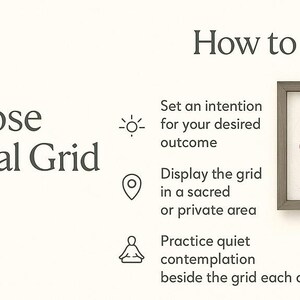 May include: Image of a crystal grid with the text "Purpose Crystal Grid" and "How to Use". The instructions include setting an intention, displaying the grid, and practicing contemplation. A framed image of pink crystals is shown.