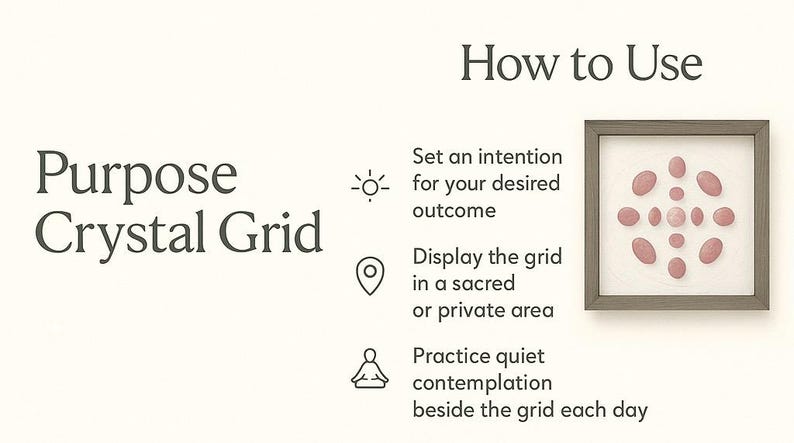 May include: Image of a crystal grid with the text "Purpose Crystal Grid" and "How to Use". The instructions include setting an intention, displaying the grid, and practicing contemplation. A framed image of pink crystals is shown.