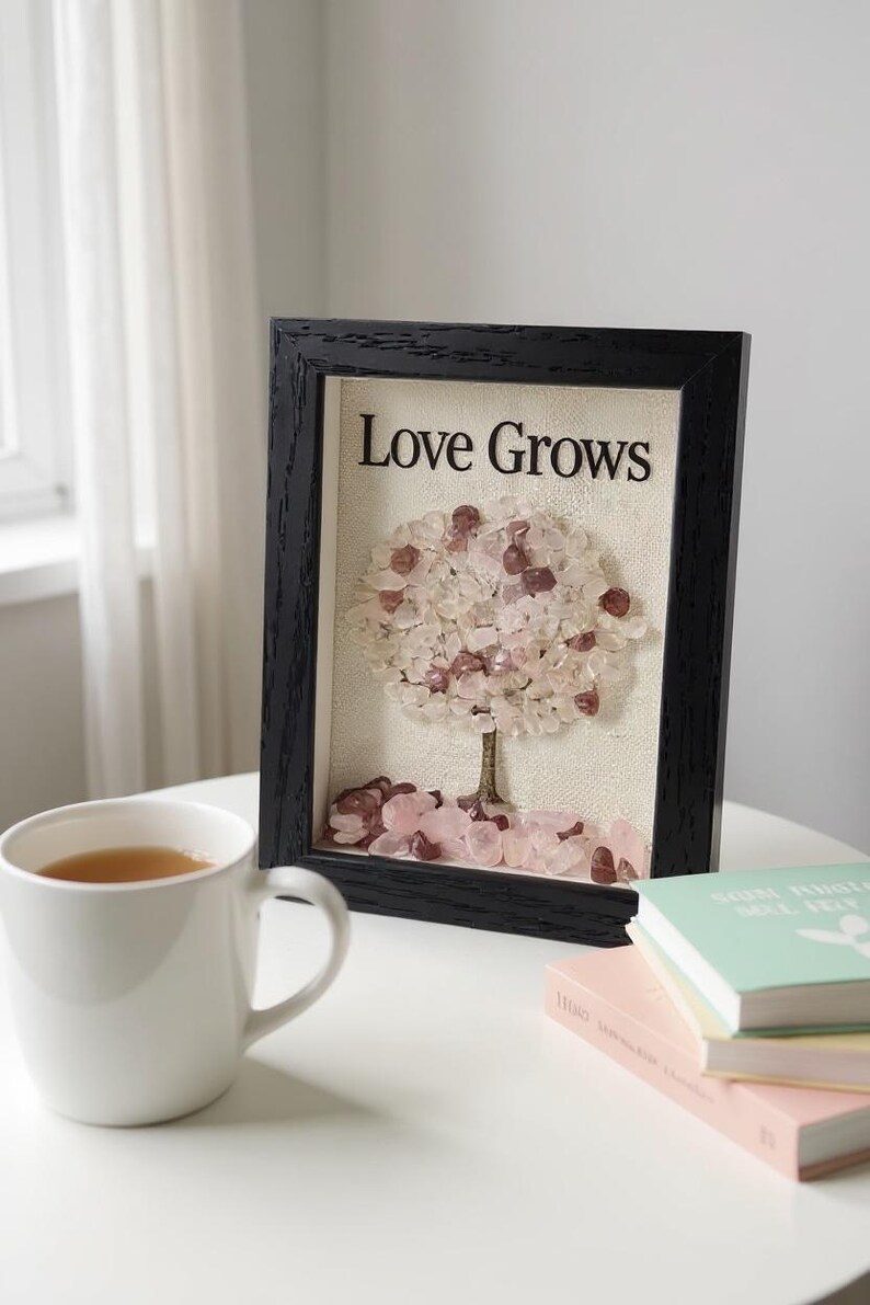 Pode incluir: Uma obra de arte emoldurada com o texto "Love Grows" acima de um desenho de &aacute;rvore feito de pedras rosa e transparentes. A moldura preta est&aacute; em uma superf&iacute;cie branca ao lado de uma caneca branca e livros.