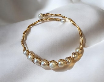 Genuine Freshwater Pearl Bangle Bracelet – 14K Gold Wire Wrapped – Natural Pink or White Pearls – Birthday, Wedding, Anniversary Gift