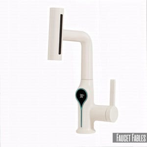 Waterfall Temperature Digital Display Beige Basin Faucet Lift Up Down Stream Sprayer Hot Cold Water Sink Mixer Wash Tap For Bathroom