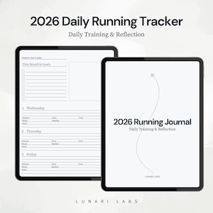 Puede incluir: Dos tabletas digitales que muestran un rastreador y un diario de carrera. La primera tableta muestra un registro de entrenamiento diario con secciones para distancia, ritmo y clima. La segunda tableta muestra "2026 Running Journal" con "Daily Training & Reflection".