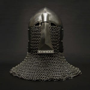 Medieval Helmet with Full Chainmail Aventail – Battle-Ready Steel Helmet with Reinforced Face Guard for Reenactment, LARP, and Collectors