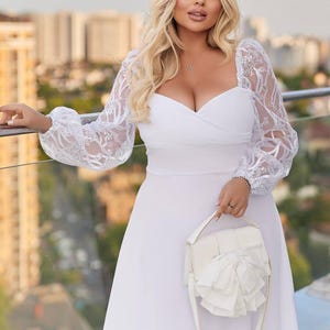 Plus Size White Bridal Lace Sleeve Midi Dress: Elegant Wedding Guest Dress