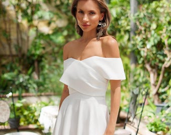 Off-Shoulder A-Line Elopment Dress: Modern Satin Bridal Gown