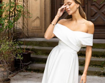 Elegant Off-Shoulder Tea Length Wedding Dress: Minimalist Bridal Gown
