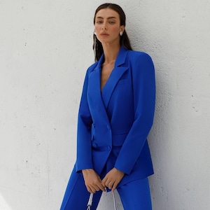 Royal Blue Three-Piece Suit: Lined Blazer, Top Bustier & Wide Leg Trousers
