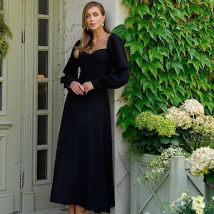 Black Crepe Corset Evening Dress: Long Sleeve A-Line Formal Gown
