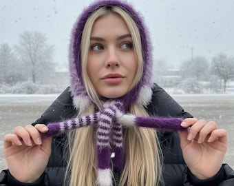 Hand Knit Bonnet with Ties, Purple White Coquette Fuzzy Winter Hood, Valentine Gift Balaclava