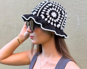 Crochet Black White Bucket Hat, Summer Knit Granny Square Hat, Trendy Vintage Hat, Festival Hat, Patchwork Hat, Gift For Her