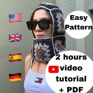 Easy Crochet Balaclava Pattern, Granny Square Balaclava Pattern Video and Pdf, DIY Crochet Hood, Winter Hat Pattern, English Spanish German