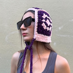 Crochet Tie Bonnet, Purple Pink Hat, Winter Warm Hat, Cozy Balaclava With Ties, Soft Handmade Hood, Adult Bonnet, Christmas Gift
