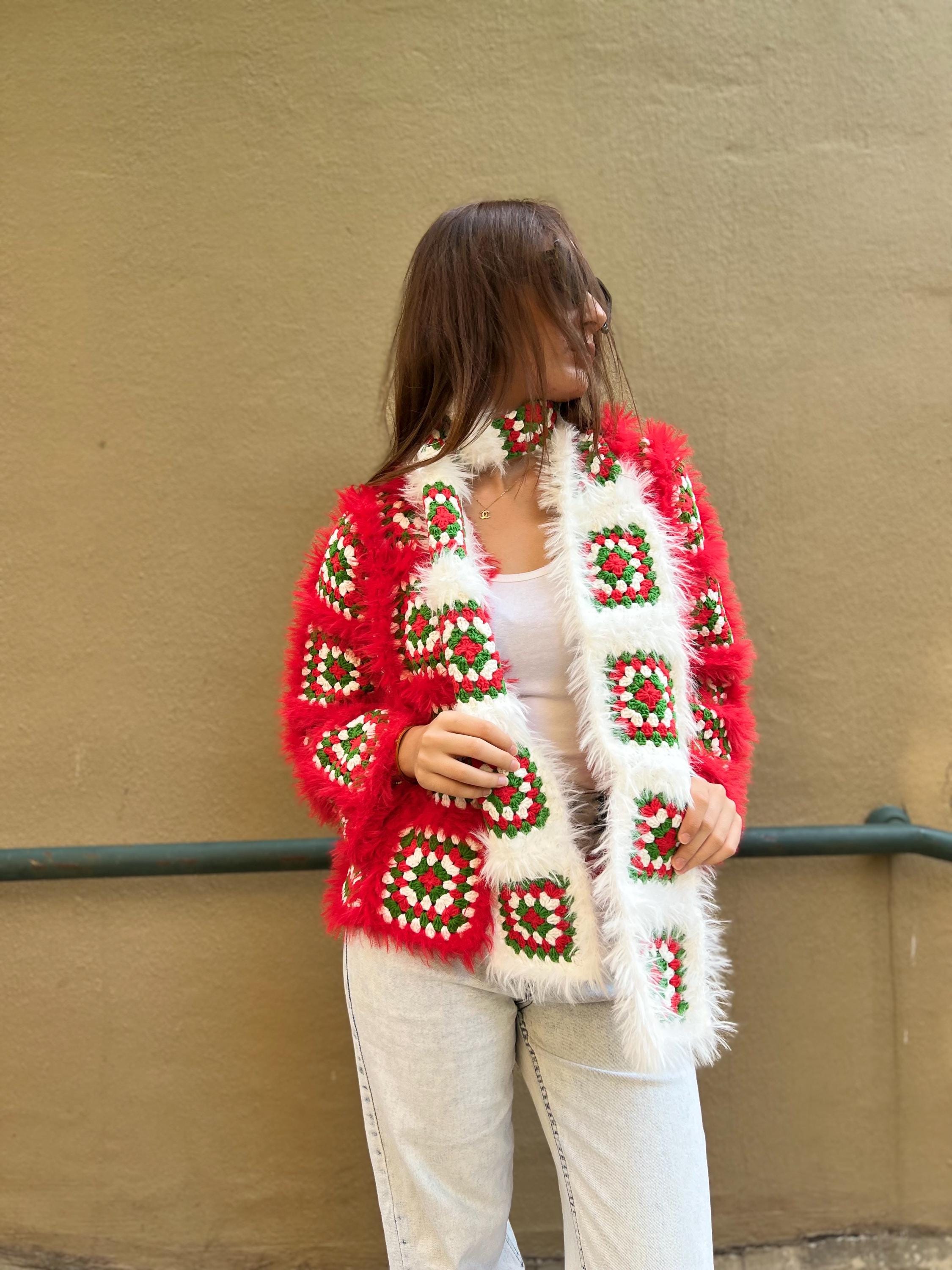 Christmas Granny Square Crochet Cardigan and Scarf Set, Red Green