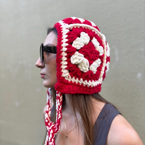 Soft Crochet Tie Bonnet, Christmas Red Hat, Granny Square  display picture 3