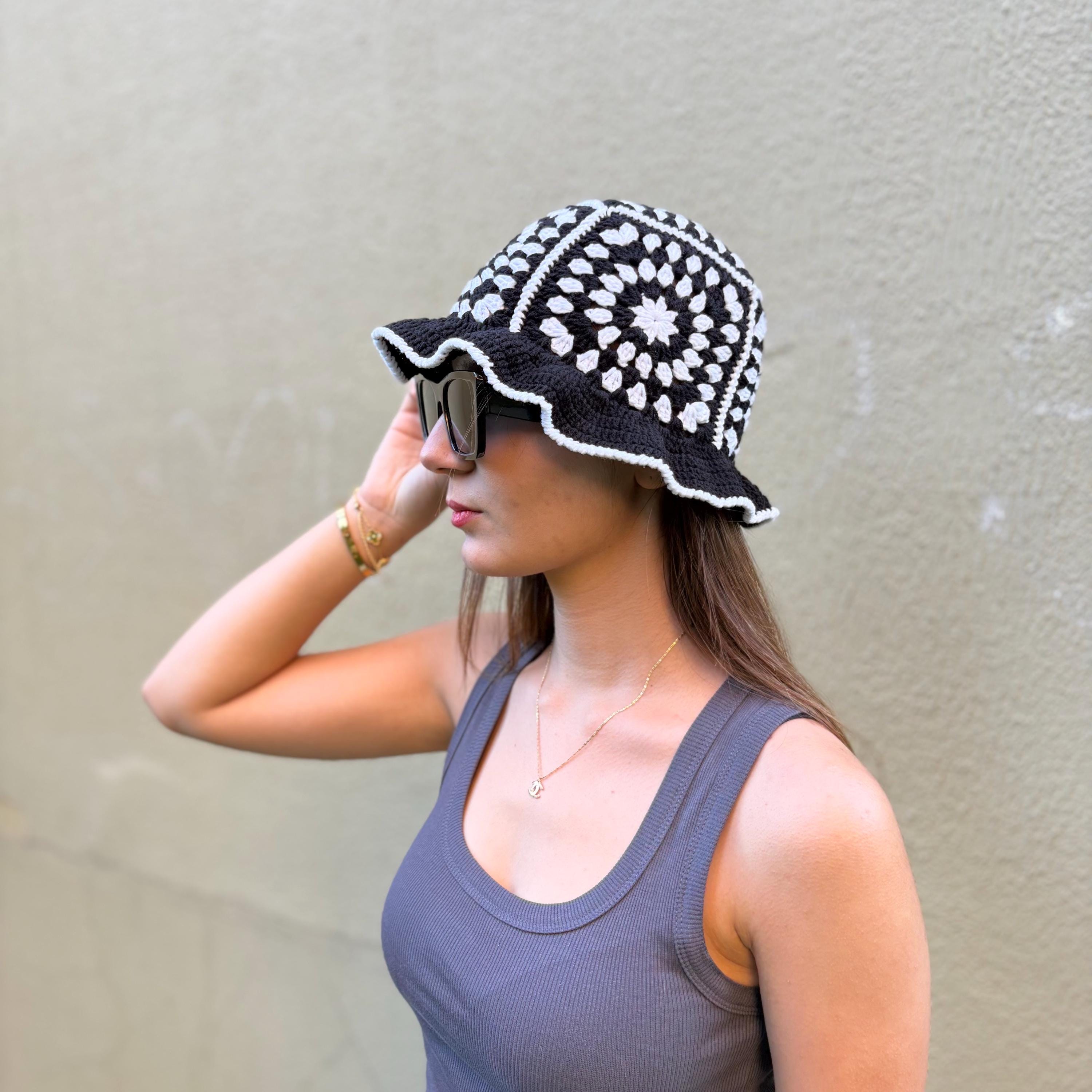 Crochet Black White Bucket Hat, Summer Knit Granny Square  display picture 2