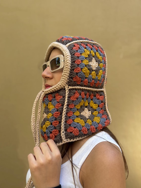 Handmade Crochet Granny Square Balaclava, Fall Winter Retro Hood, Chunky Cozy Hat, Soft Warm Ski Mask