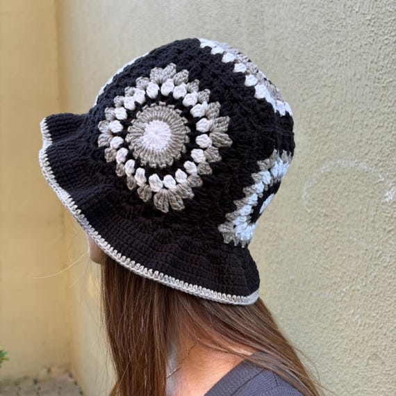 Crochet Black White Bucket Hat, Granny Square Summer Knit  display picture 2