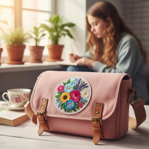 May include: A pink messenger bag with a floral embroidered patch. The patch features a bouquet of colorful flowers, including pink roses, blue daisies, and yellow sunflowers. The bag has brown leather straps and buckles.