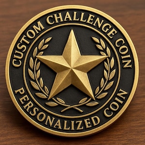 May include: A personalised challenge coin featuring a gold star at the centre, encircled by a laurel wreath. The coin has the words "CUSTOM CHALLENGE COIN" and "PERSONALIZED COIN" in gold on a black background.