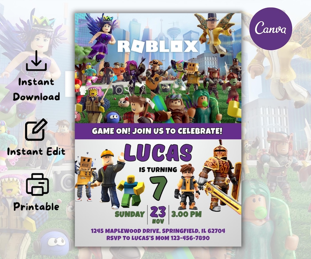 Editable Roblox Birthday Invitation | Roblox Canva Template | Printable ...