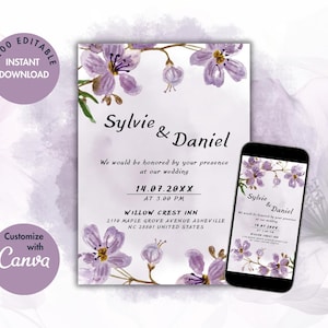 Editable Purple Botanical Wedding Invitation Template | Digital Download | Canva Template | 5x7 & Smartphone Size | Boho Lavender E-vite
