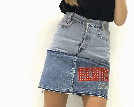 Vintage Levis Mini Skirt ELVIS Embroidery LOLADARLING High Waist Pencil Denim Skirt Recycled Swarovski Strass Italian Hand Made Unique Piece