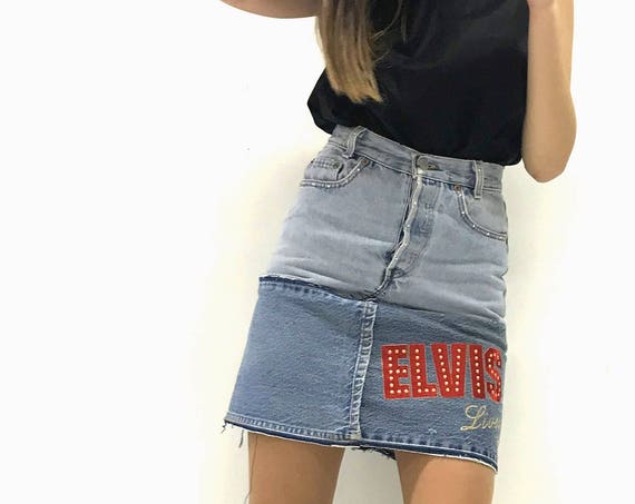 Denim Mini Skirt ELVIS Embroidery LOLA DARLING Pencil Skirt Vintage Recycled from Levi's 501 Jeans Swarovski Strass Italian One-of-a-Kind