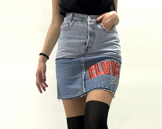 Vintage Levis Mini Skirt ELVIS Embroidery LOLADARLING High Waist Pencil Denim Skirt Recycled Swarovski Strass Italian Hand Made Unique Piece