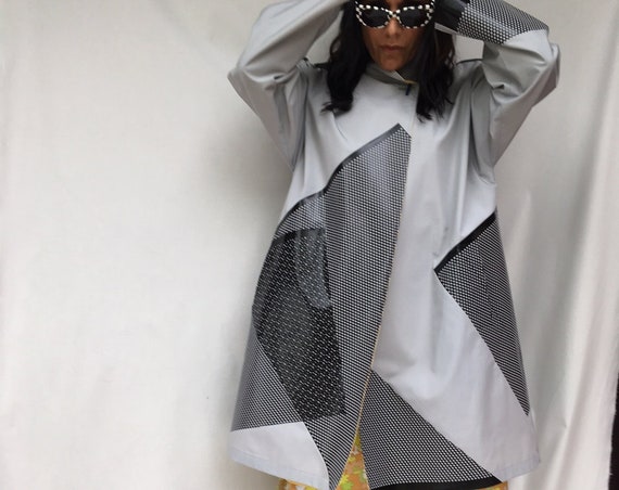 Statement Reversible Raincoat Trench Coat Printed Hand Embroidered Gray Yellow LOLA DARLING Jacket Duster Wearable Art Fashion Italian Made