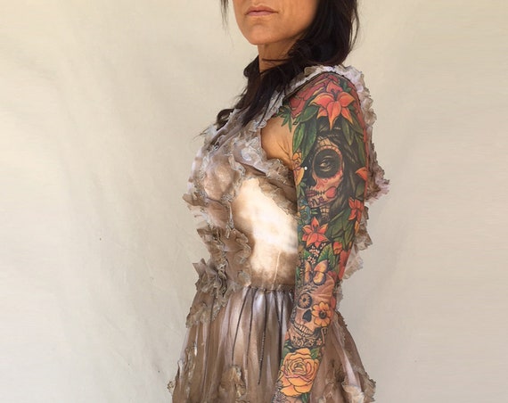 Bare Back LOLA DARLING Painted Long Dress Chiffon Embroidery Chains and Corals Alternative Wedding Formal Dress Bridal Sustainable Couture