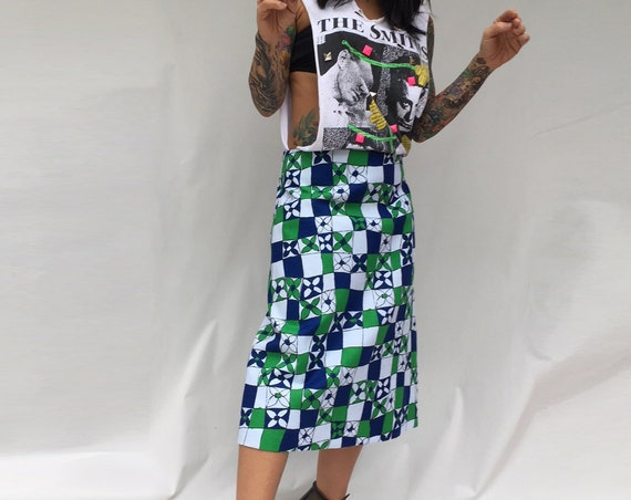 Graphic Squares Flowers Skirt LOLA DARLING Fine 60s Vintage Cotton Fabric A Style Flower Blu Green White Unique Italian Handmade Limited Ed