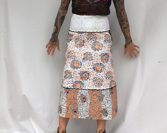 Three Fabrics Lola Darling Skirt with 60s Vintage Fabric and Plastic Lace + Fringe ORDER YOUR SIZE Unique Italian Handmade Limited Edition