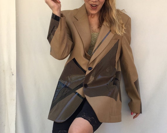 Hazelnut Woman/Man Fine Linen Printed Blazers Design by LOLA DARLING Jacket Printed with Recycled Black Plastic Foil Italian LEBOLE Couture