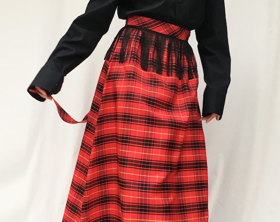 Tartan Taffetà Long Skirt LOLA DARLING Black Fringes and Band Bell in Waist Unique Piece Renewed from Vintage Garment Handmade in Italy