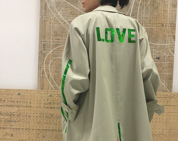 80's Green Beige Trench coat LOLADARLING Recycled Limited Edition Vintage Recovered Printed LOVE Lola Numbers Stripes Glitter One-of-a-kind